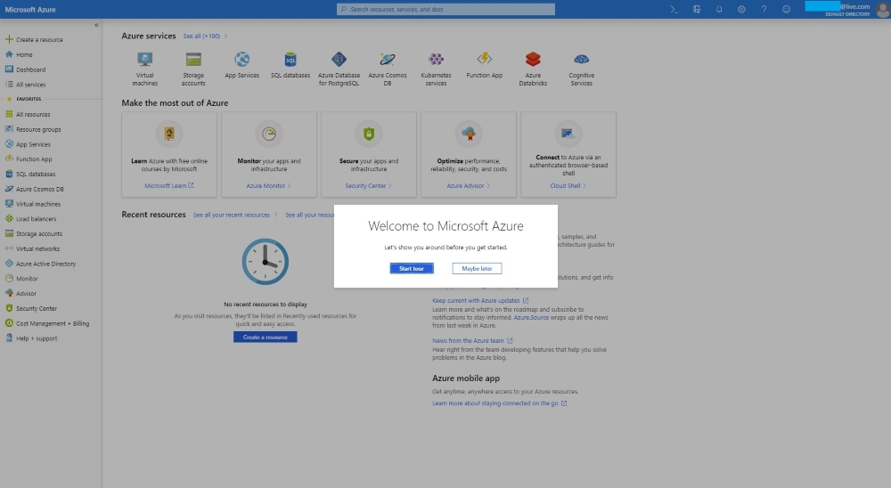 screenshot showing azure portal home page